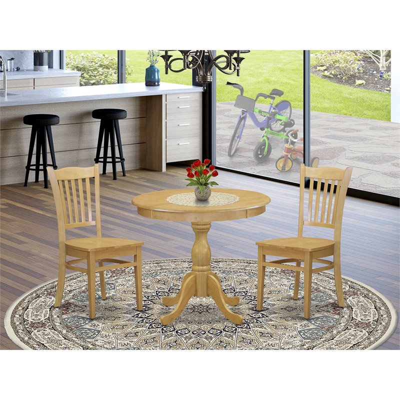 East West Furniture 3-Piece Round Wood Dining Set in Oak Finish