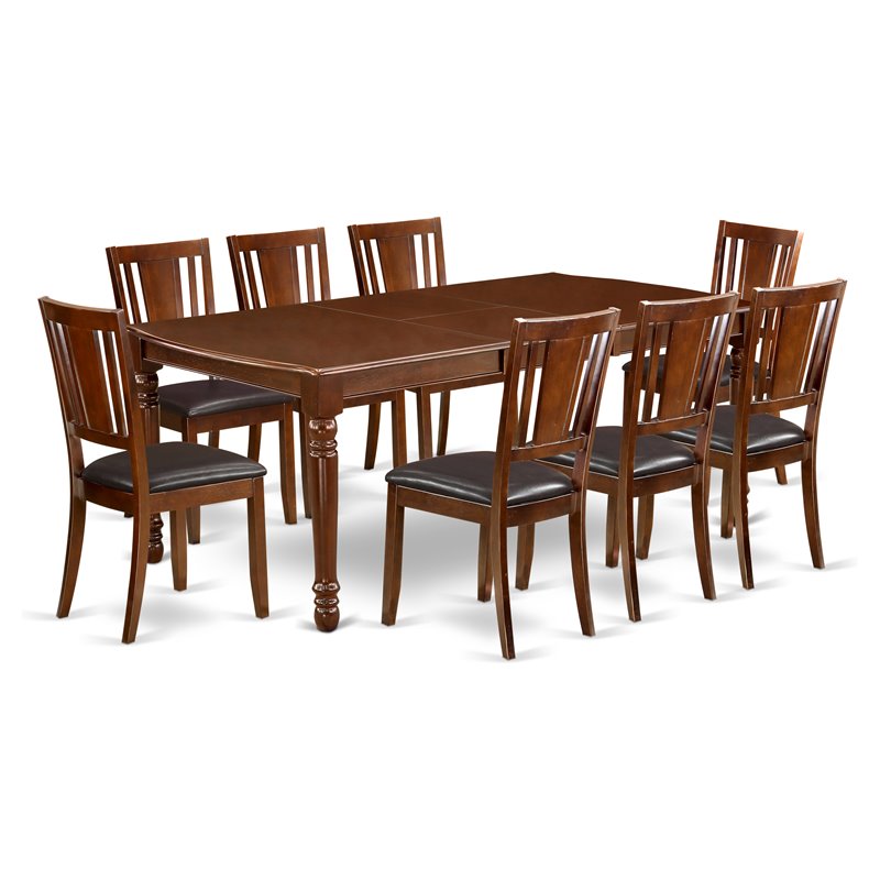 East West Furniture Dover 9-piece Wood Dining Set w/ Leather Chairs in Mahogany