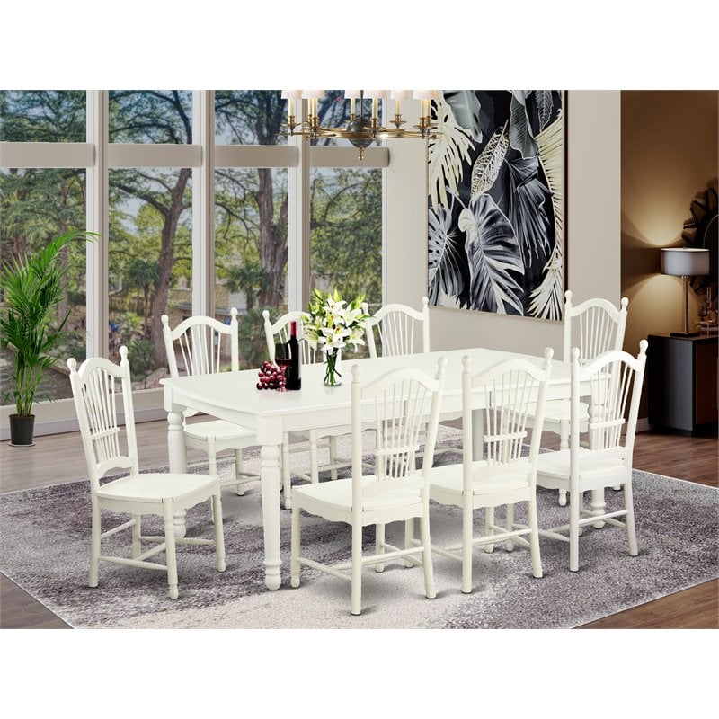 East West Furniture Dover 9-piece Wood Kitchen Table Set in Linen White