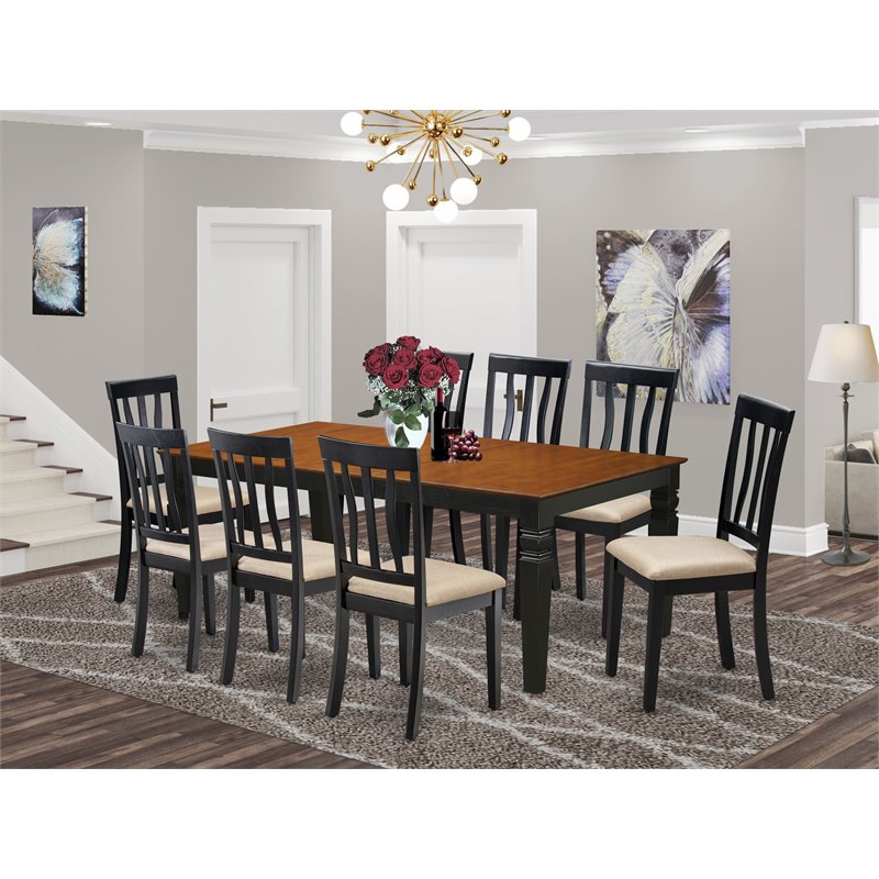 East West Furniture Logan 9-piece Dining Set with Linen Seat in Black/Cherry