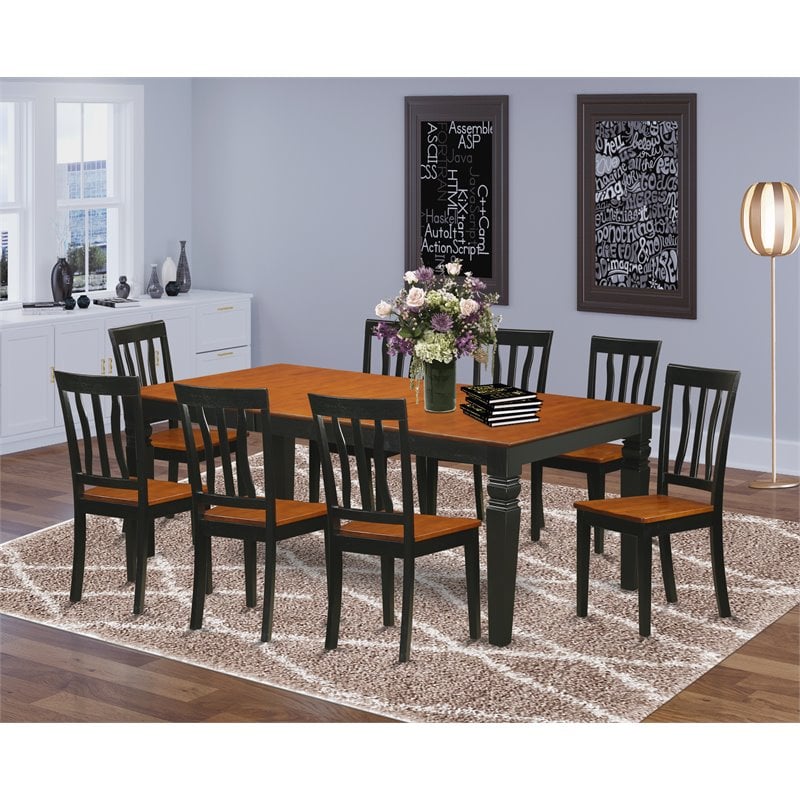 East West Furniture Logan 9-piece Dining Set with Wood Seat in Black/Cherry