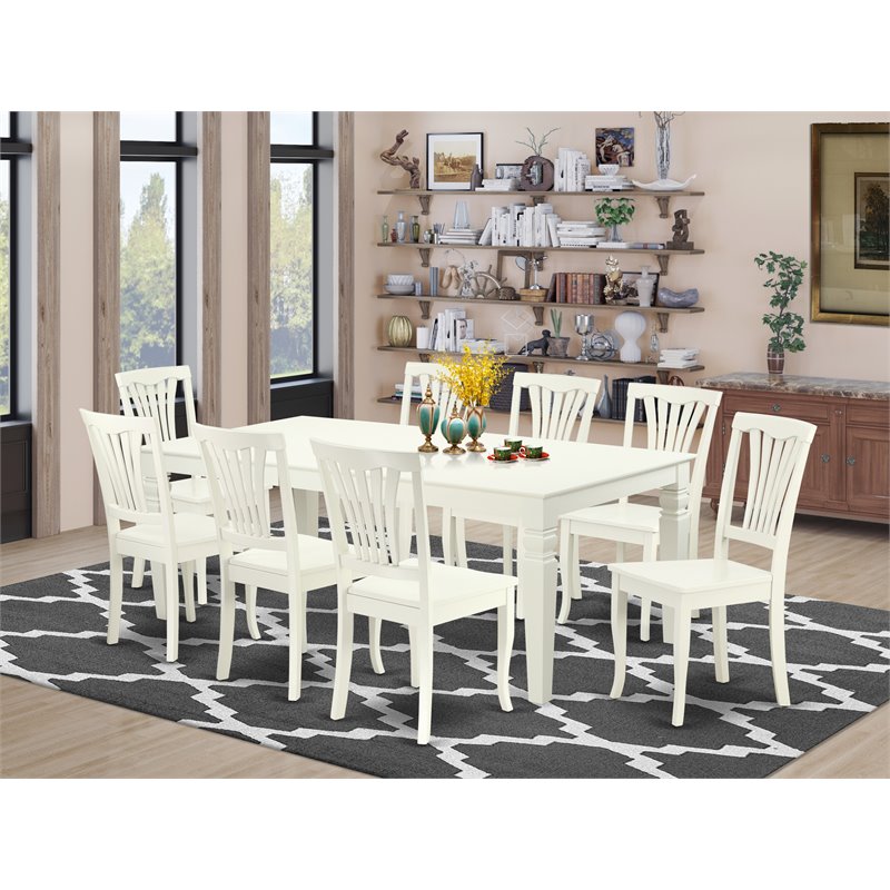 East West Furniture Logan 9-piece Dining Set with Wood Seat in Linen White