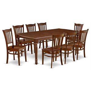 east west furniture dover 9-piece wood table and dining chair set in mahogany