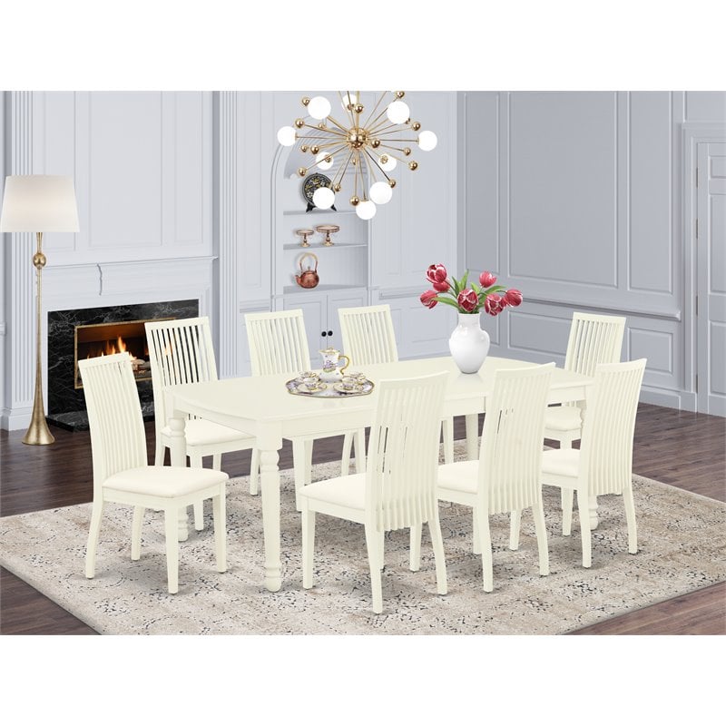East West Furniture Dover 9-piece Wood Dining Room Table Set in Linen White