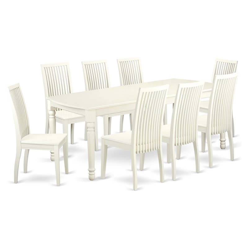 East West Furniture Dover 9-piece Wood Dining Table and Chair Set in Linen White