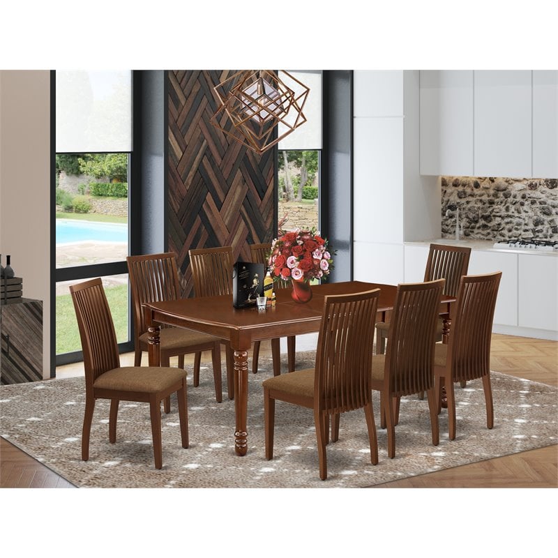 East West Furniture Dover 9-piece Wood Dining Set with Cushion Seat in Mahogany