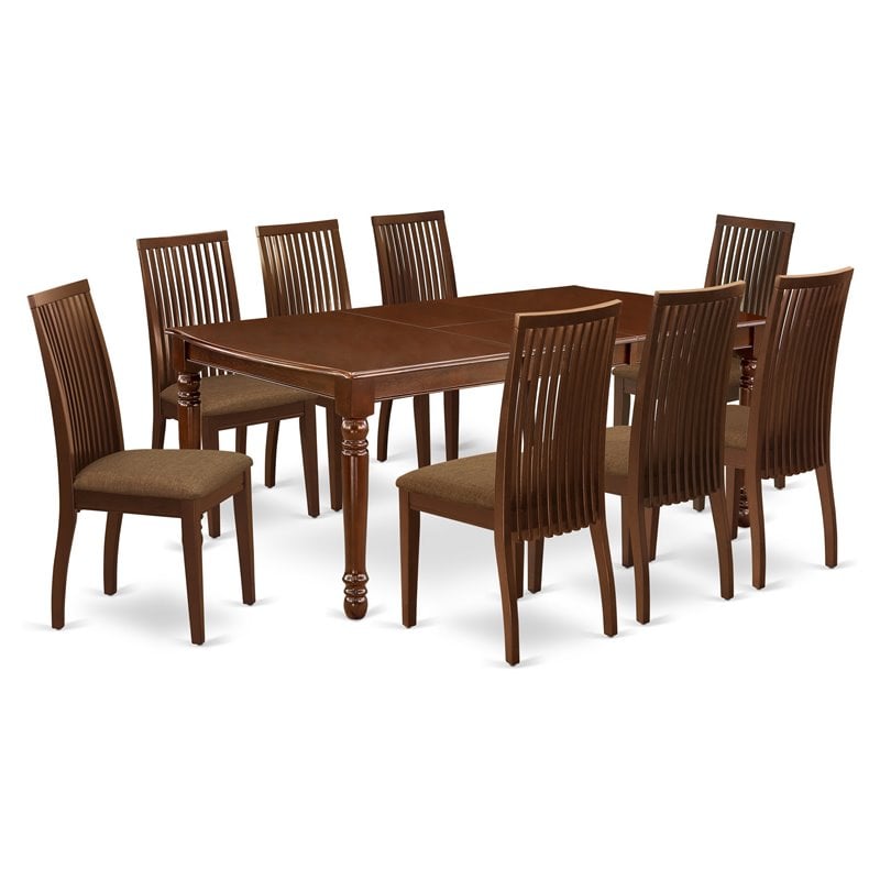 East West Furniture Dover 9-piece Wood Dining Set with Cushion Seat in Mahogany