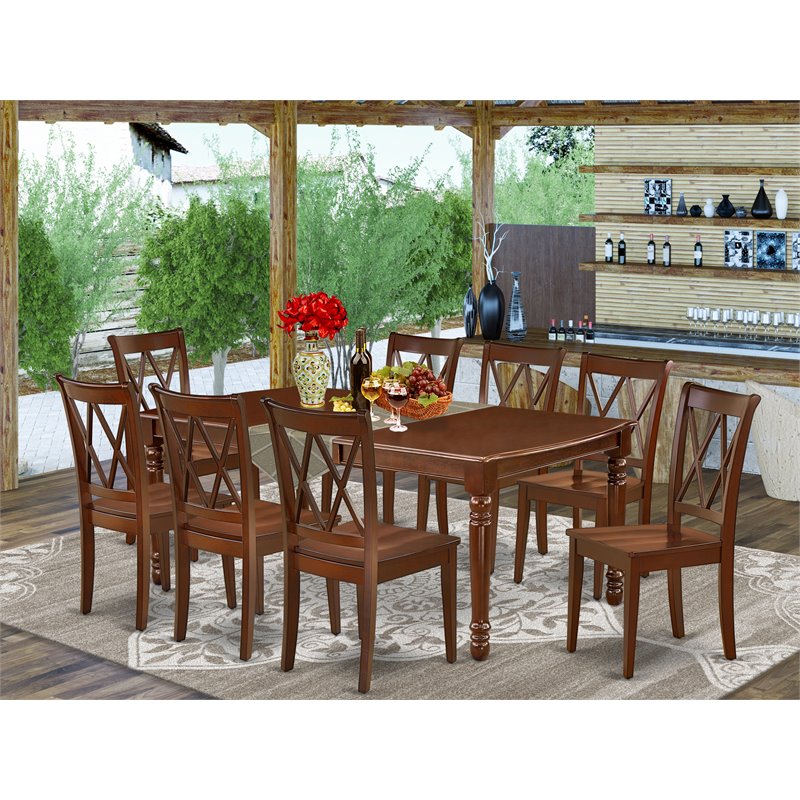 East West Furniture Dover 9-piece Wood Dining Room Table Set in Mahogany