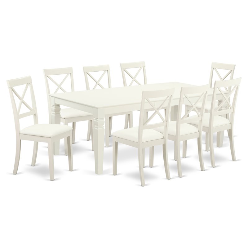 East West Furniture Logan 9-piece Dining Set with Leather Chairs in Linen White