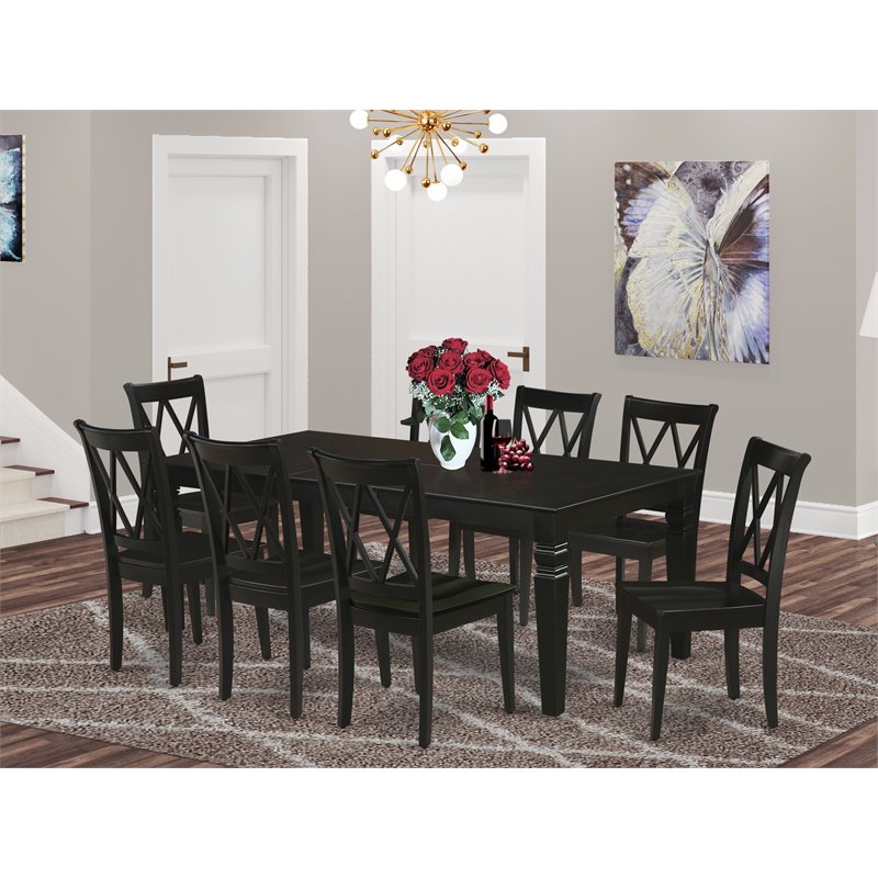 East West Furniture Logan 9-piece Wood Dining Table Set in Black