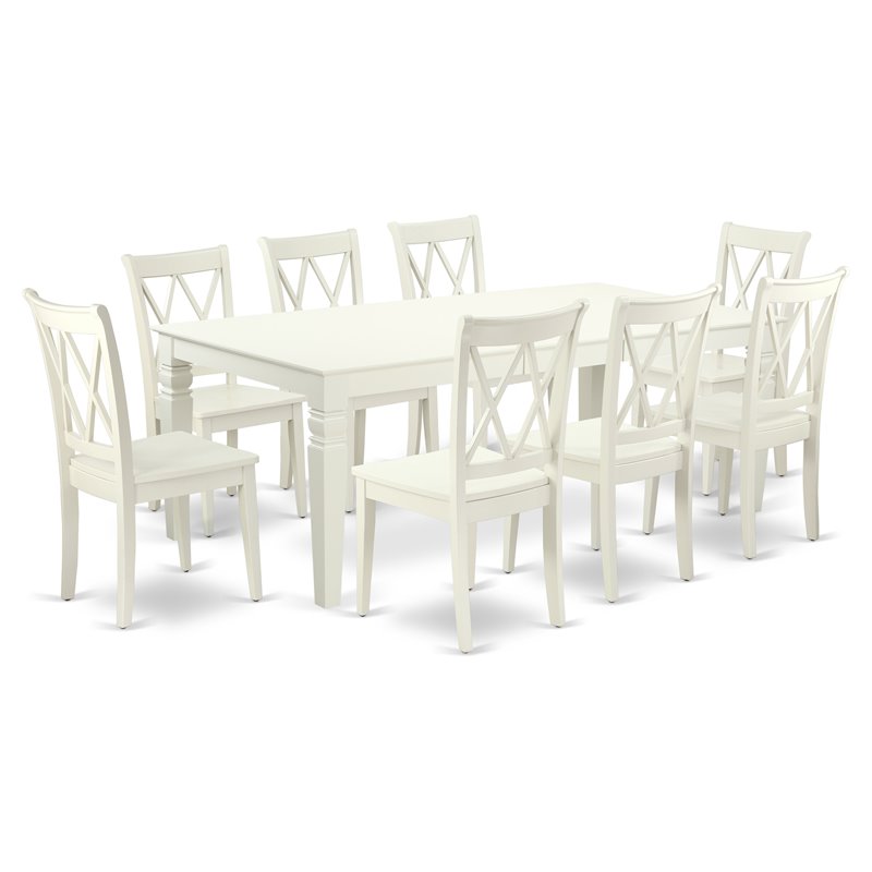 East West Furniture Logan 9-piece Wood Dining Table Set in Linen White