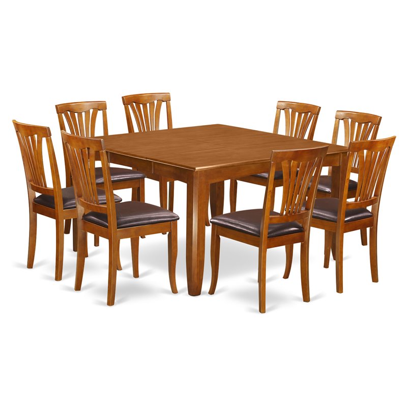 East West Furniture Parfait 9-piece Dining Set with Leather Seat in Saddle Brown