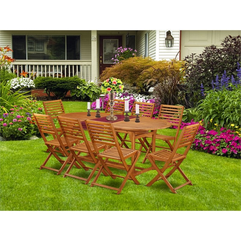 East West Furniture Beasley 9-piece Wood Patio Set in Natural Oil