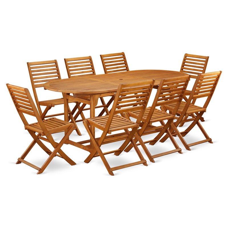 East West Furniture Beasley 9-piece Wood Patio Set in Natural Oil
