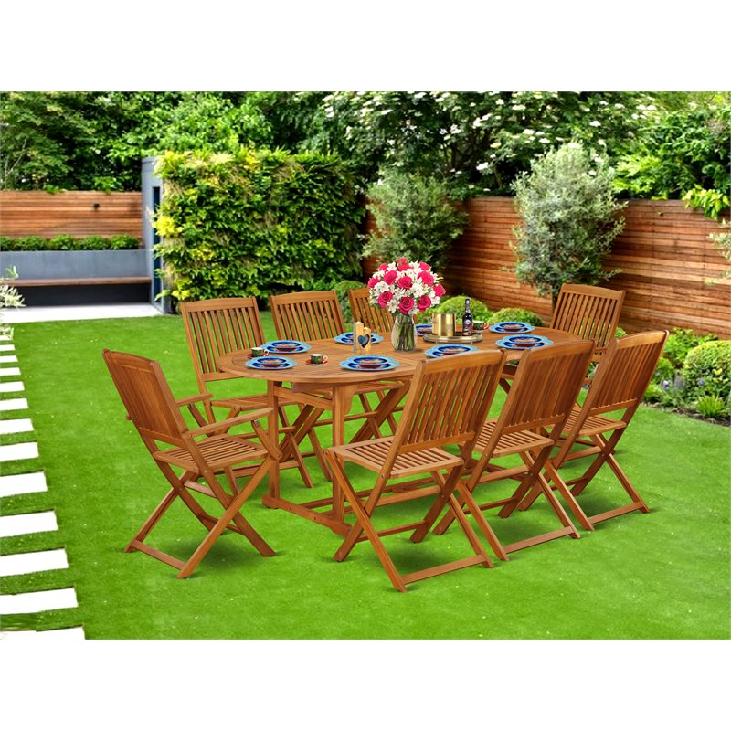 East West Furniture Beasley 9-piece Wood Patio Furniture Set in Natural Oil