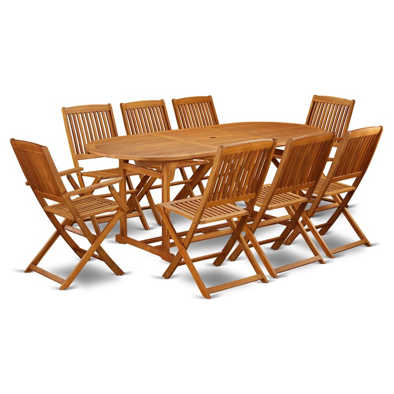 East West Furniture Beasley 9-piece Wood Patio Furniture Set in Natural Oil