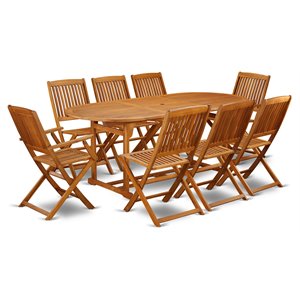 East West Furniture Beasley 9-piece Wood Patio Furniture Set in Natural Oil