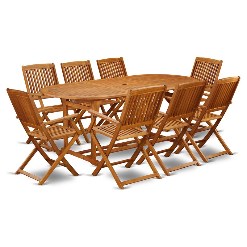 East West Furniture Beasley 9-piece Wood Outdoor Dining Set in Natural Oil