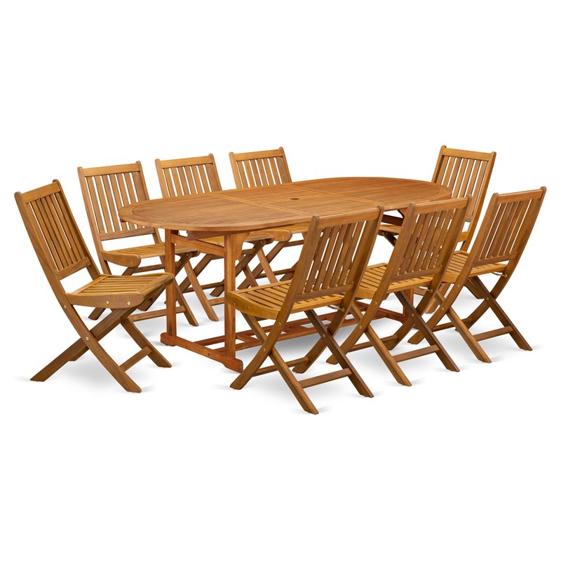 East West Furniture Beasley 9-piece Patio Dining Set w/ Slat Back in Natural Oil