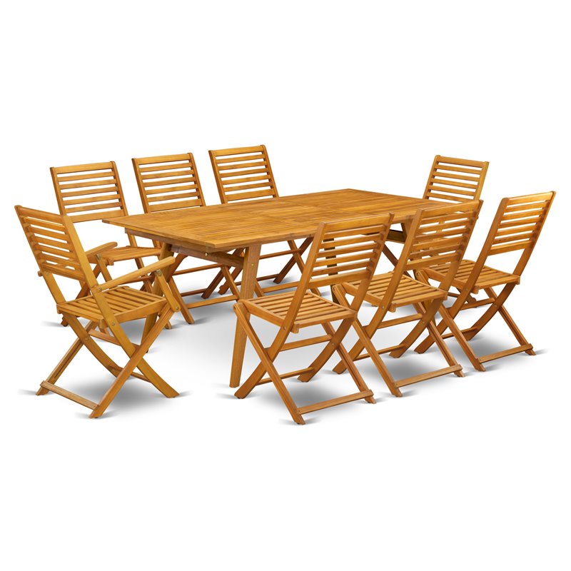 East West Furniture Denison 9-piece Wood Outdoor Dining Set in Natural Oil