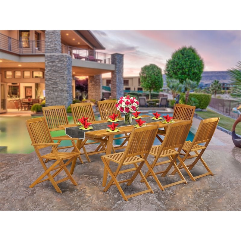 East West Furniture Denison 9-piece Patio Dining Set w/ Slat Back in Natural Oil