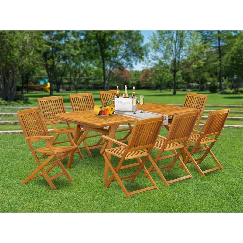 East West Furniture Denison 9-piece Wood Outside Patio Dining Set in Natural Oil
