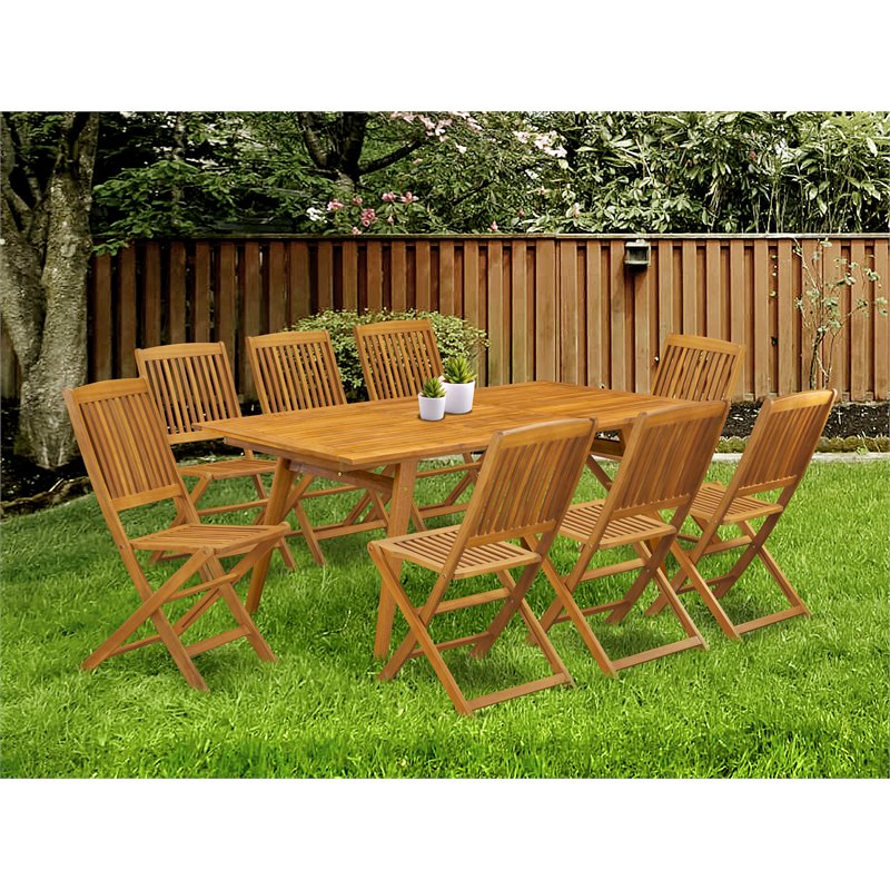 East West Furniture Denison 9-piece Wood Outdoor Table Set in Natural Oil