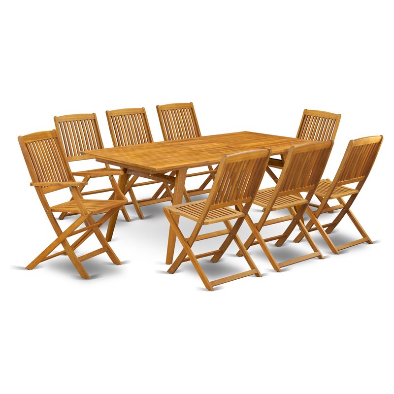East West Furniture Denison 9-piece Wood Outdoor Table Set in Natural Oil