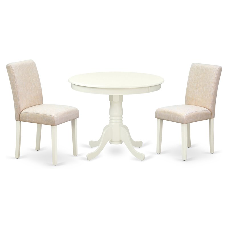 East West Furniture Antique 3-piece Dining Set with Round Table in Linen White