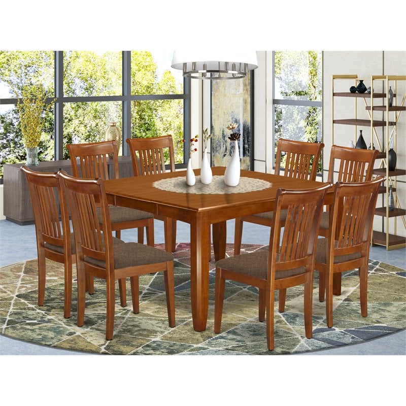 East West Furniture Parfait 9-piece Dining Set with Linen Chairs in Saddle Brown