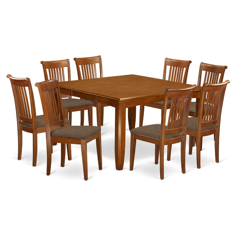 East West Furniture Parfait 9-piece Dining Set with Linen Chairs in Saddle Brown