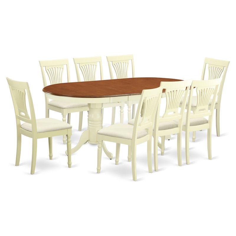 East West Furniture Plainville 9-piece Dining Set with Linen Seat in Cherry