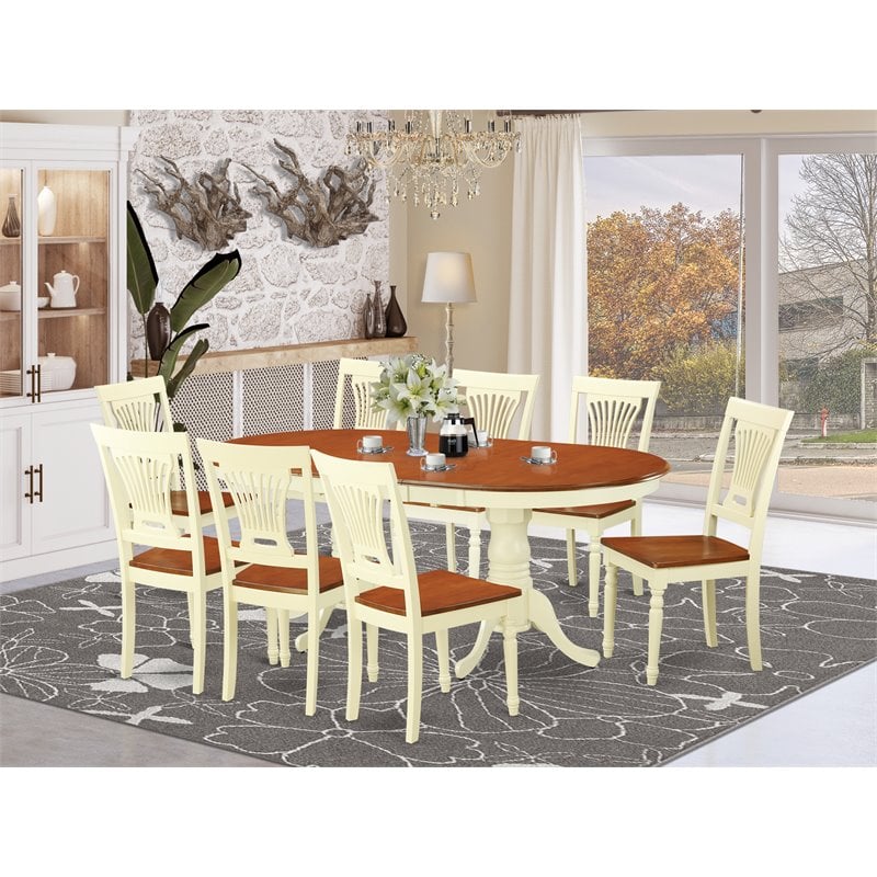 East West Furniture Plainville 9-piece Dining Set with Wood Seat in Cherry