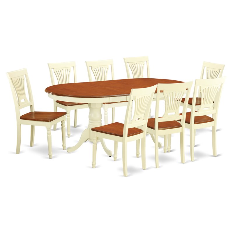 East West Furniture Plainville 9-piece Dining Set with Wood Seat in Cherry