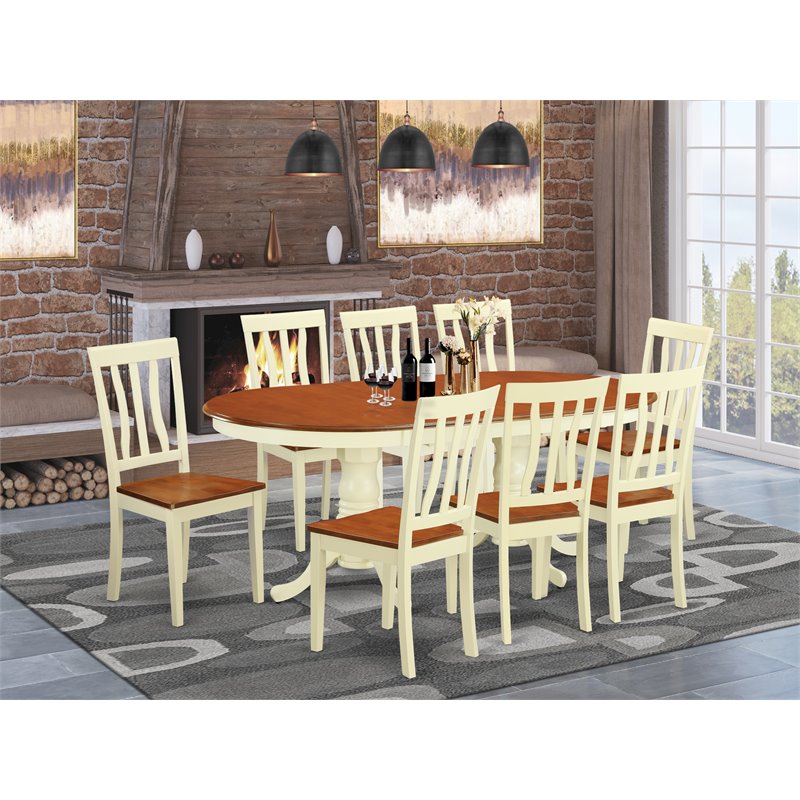 East West Furniture Plainville 9-piece Dining Set with Wood Chairs in Cherry