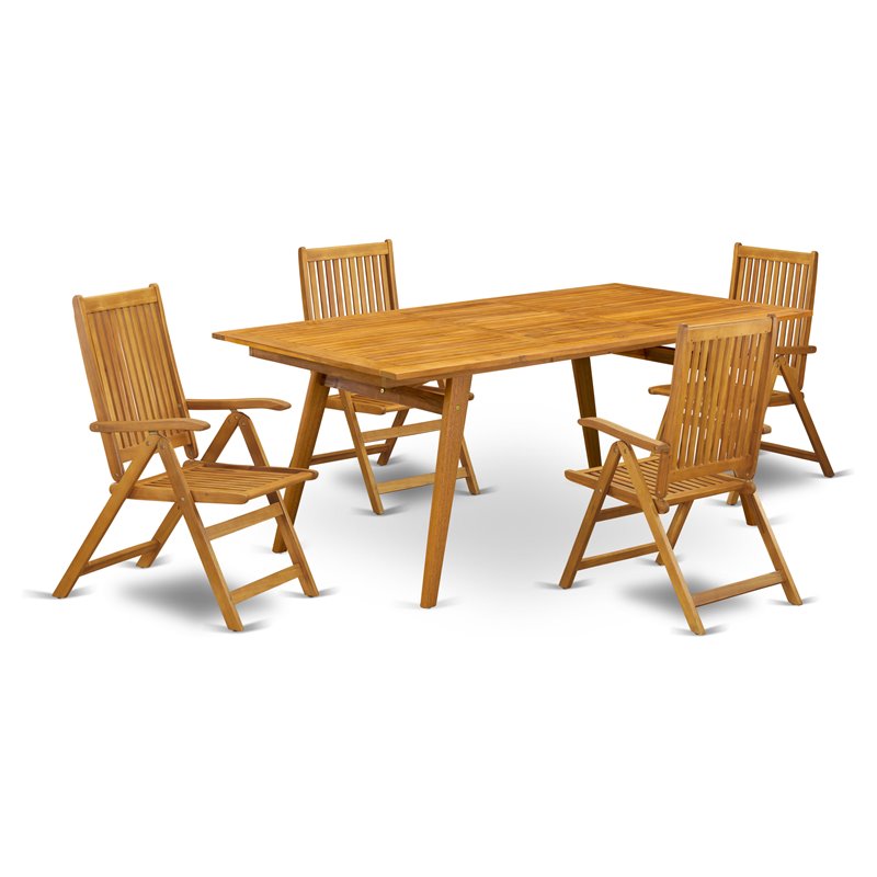 East West Furniture Denison 5-piece Wood Patio Table Set in Natural Oil