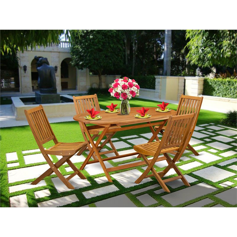 East West Furniture Diboll 5-piece Patio Dining Set w/ Slat Back in Natural Oil