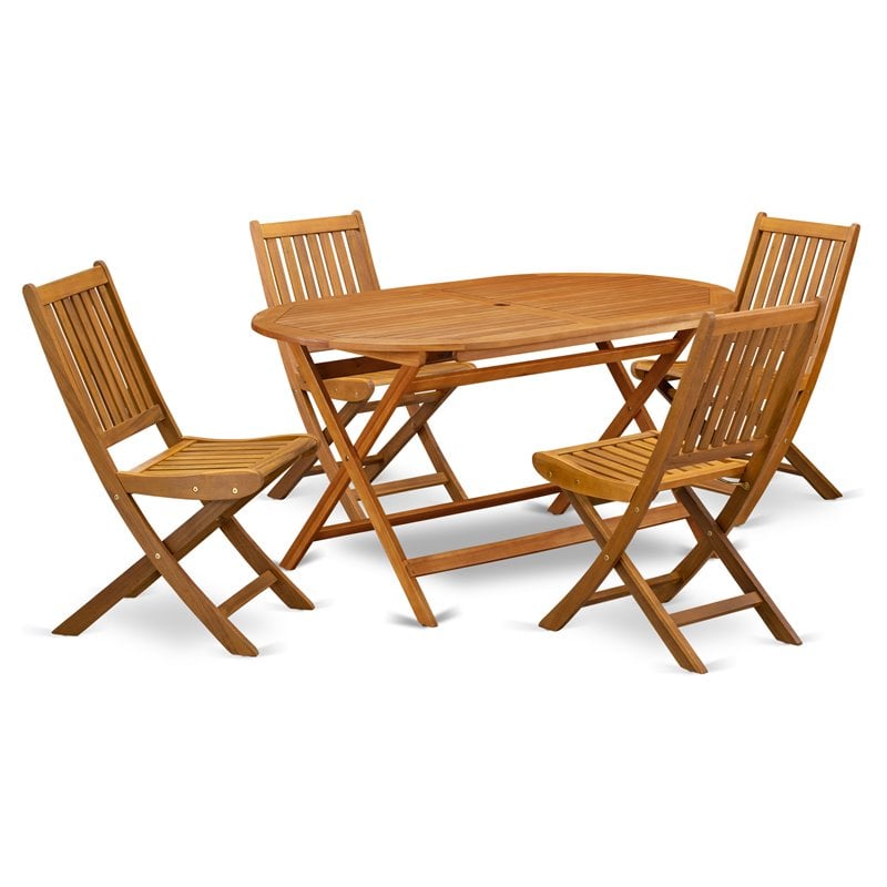 East West Furniture Diboll 5-piece Patio Dining Set w/ Slat Back in Natural Oil
