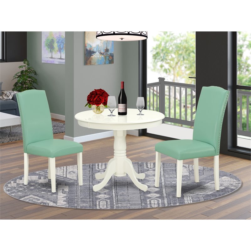 East West Furniture Antique 3-piece Dining Set with Leather Seat in White/Pond