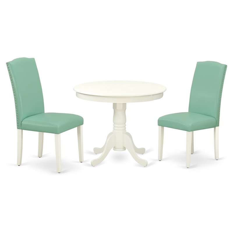 East West Furniture Antique 3-piece Dining Set with Leather Seat in White/Pond