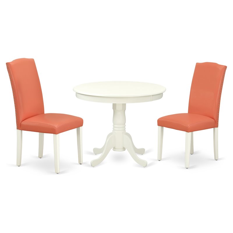 East West Furniture Antique 3-piece Dining Set with Leather Seat in White/Pink