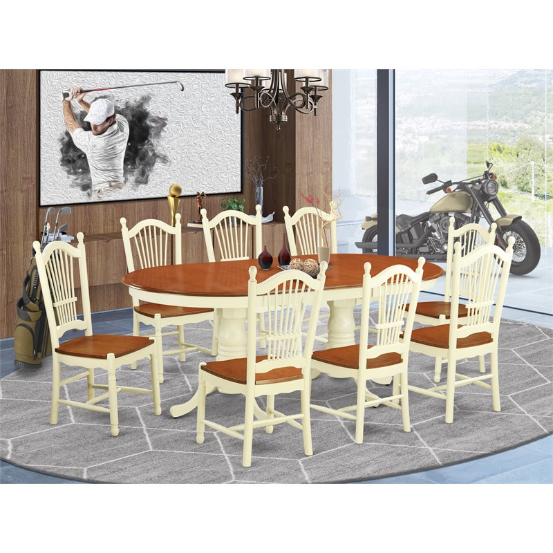 East West Furniture Plainville 9-piece Wood Dining Room Set in Buttermilk/Cherry