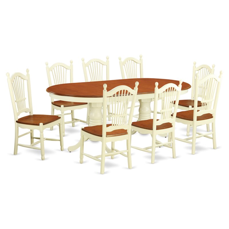 East West Furniture Plainville 9-piece Wood Dining Room Set in Buttermilk/Cherry