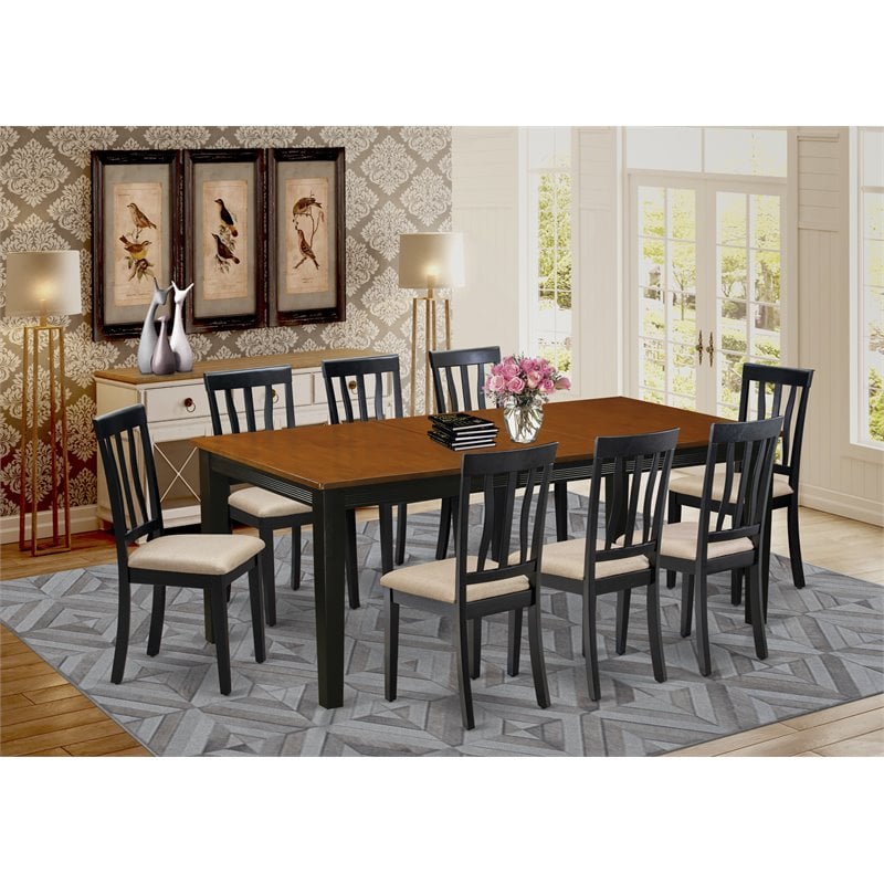 East West Furniture Quincy 9-piece Dining Set with Linen Seat in Black/Cherry