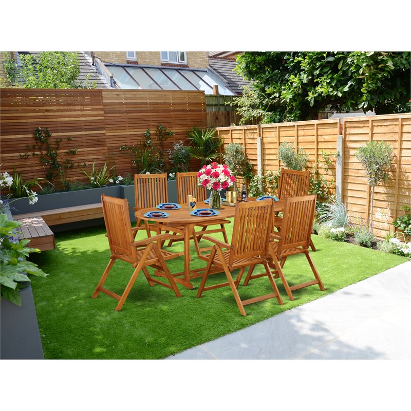 East West Furniture Beasley 7-piece Wood Patio Furniture Set in Natural Oil