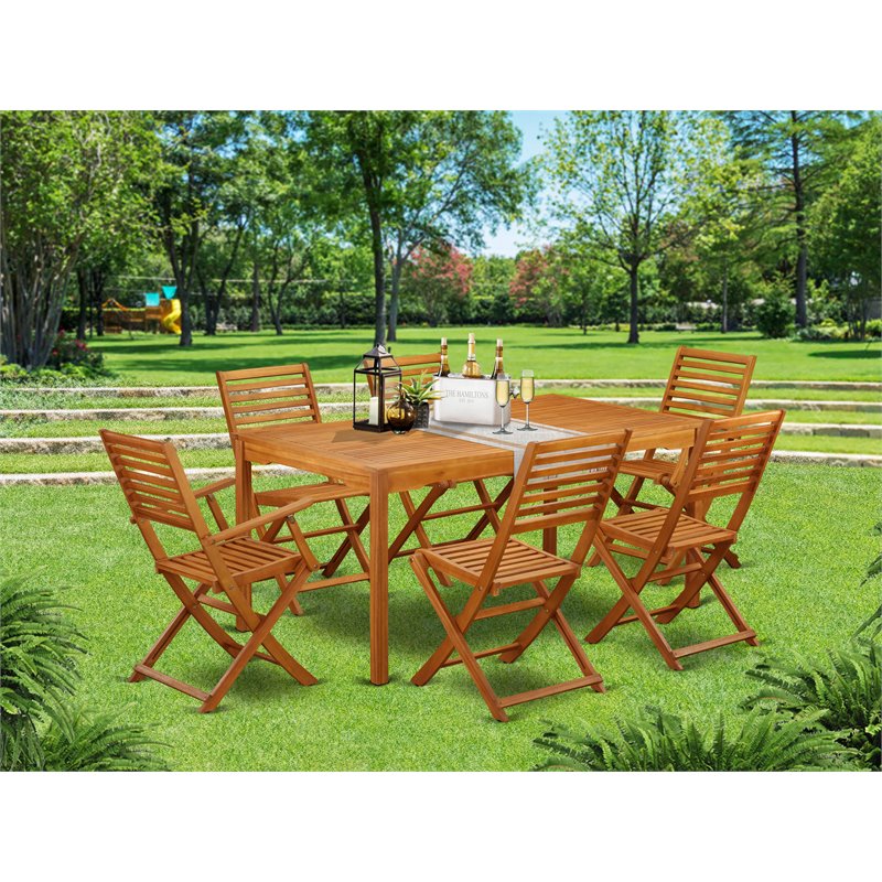 East West Furniture Cameron 7-piece Wood Patio Dining Set in Natural Oil