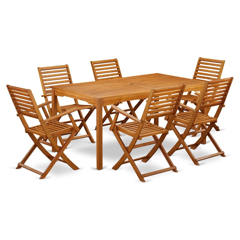 East West Furniture Cameron 7-piece Wood Courtyard Dining Set in Natural Oil