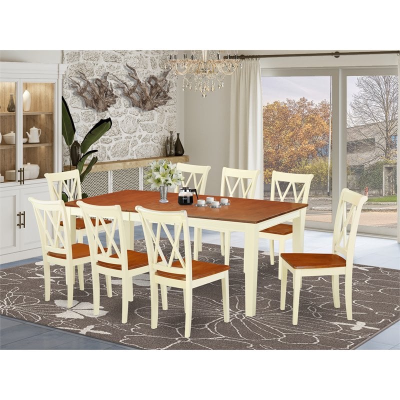 East West Furniture Quincy 9-piece Dining Room Table Set in Buttermilk/Cherry