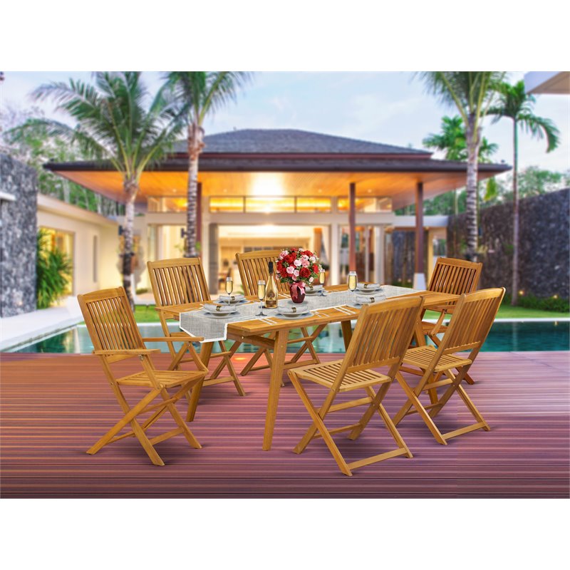 East West Furniture Denison 7-piece Patio Dining Set w/ Slat Back in Natural Oil