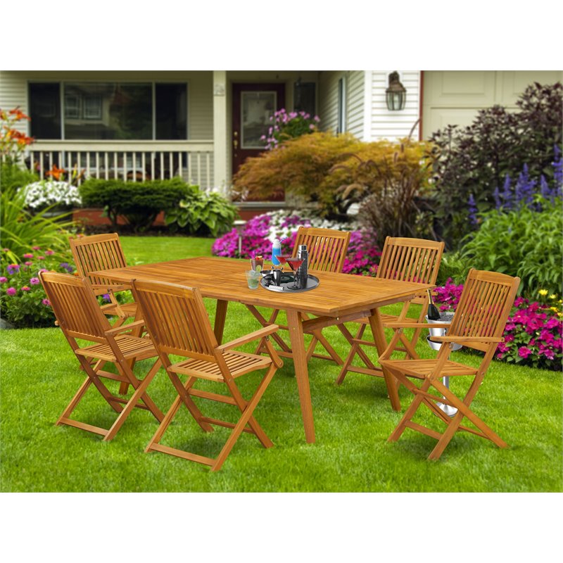 East West Furniture Denison 7-piece Wood Outside Patio Dining Set in Natural Oil
